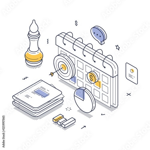 Calendar grid, a chess piece symbolizing strategy, and several infographic elements like charts and icons, emphasizing organization and planning. Modern isometric line art