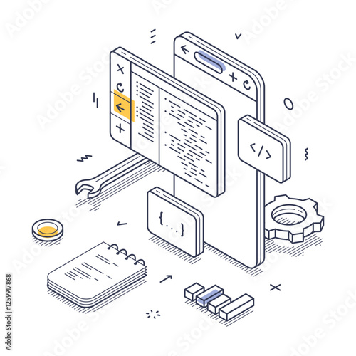 Web development tools in an isometric line art style, including code snippets, a notepad, and design icons, illustrating the digital design workflow. Modern vector illustration
