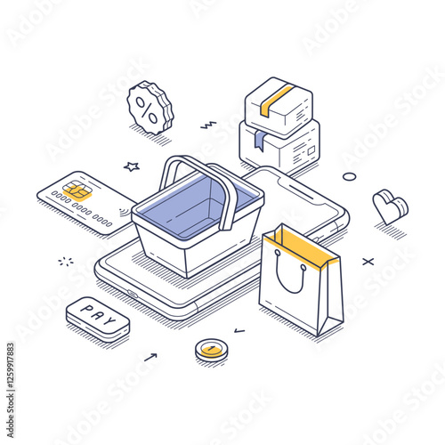 Arrangement of online shopping components including a shopping basket, a smartphone, payment icons, and delivered packages. Online ordering of food and parcel delivery. Modern isometric line art