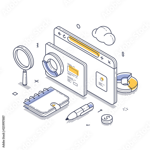 Digital devices, stationery items, and search tools, emphasizing a modern workspace concept and productivity. Online business workflow concept. Modern isometric line art vector illustration
