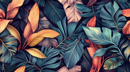 Wallpaper Mural Lush pastel banana leaves and palm foliage in a hand-drawn vintage 3D style on a dark glamorous background ideal for exotic wallpapers tapestry cloth and fabric printing Torontodigital.ca