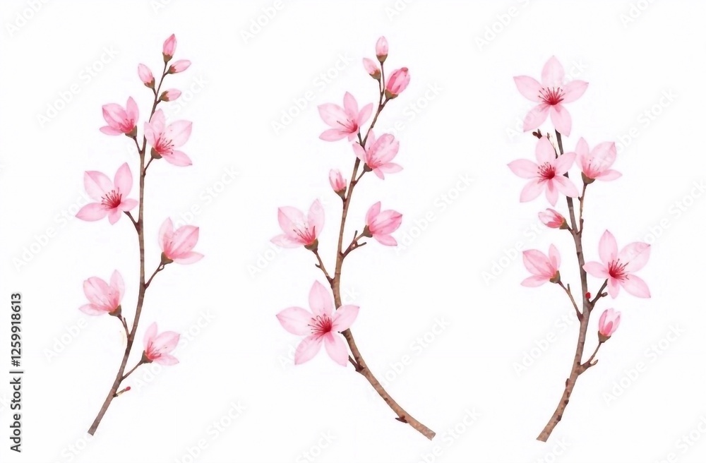 Fototapeta premium Watercolor drawings of cherry blossom branches from different angles on a white background, each branch is isolated