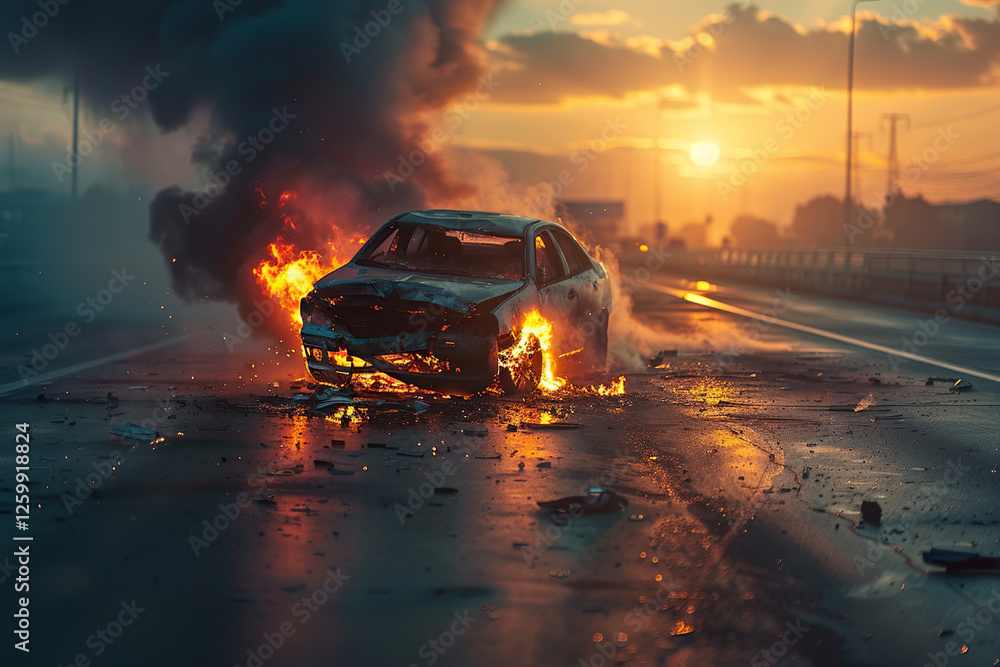 Collision of vehicles involved in major accident on city road with major damage, abstract vivid composition consists of fictional unreal fantastic vision on background Collision of vehicles involved in major accident on city road with major damage, abstract vivid composition consists of fictional unreal fantastic vision on background