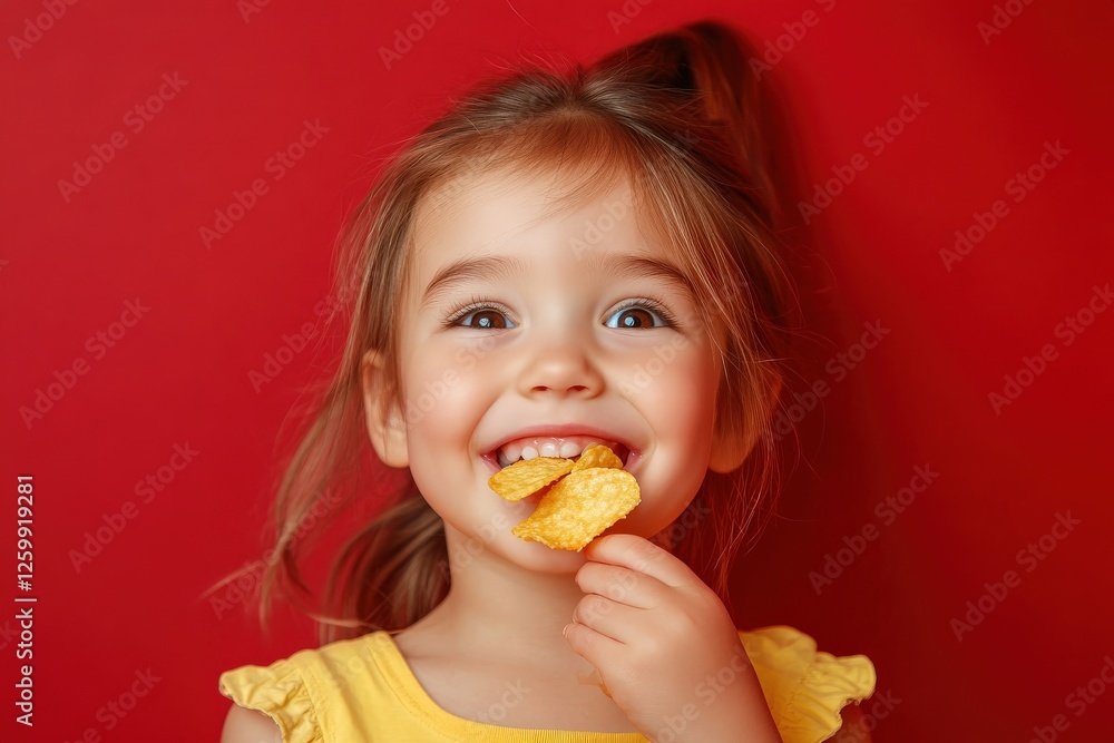 Girl Eating Potato Chips. Beautiful portrait of a little girl with a joyful smile enjoying her snack. Girl Eating Potato Chips. Beautiful portrait of a little girl with a joyful smile enjoying her snack.