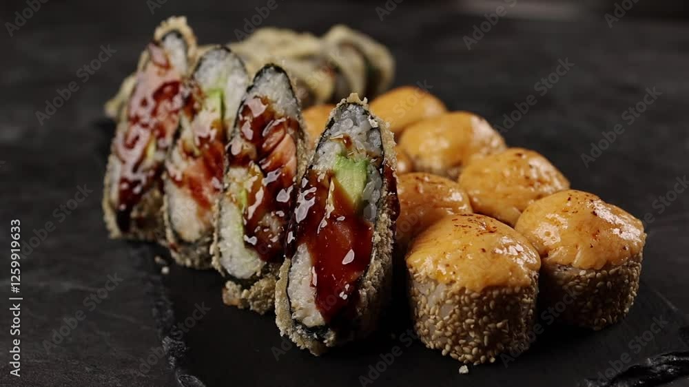 chef prepares delicious Japanese rolls chef prepares delicious Japanese rolls
