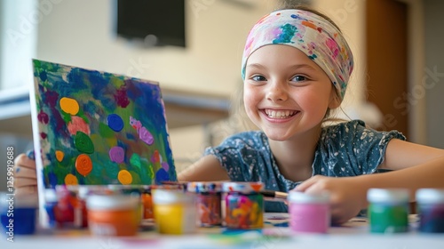 Hospitalized teen carefully brushing paint onto canvas jars scattered nearby