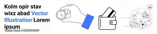 Hand holding a stopwatch, wallet with cards, and activity icons thumbs up dining, biking, and traveling. Ideal for productivity, time management, multitasking, financial management lifestyle