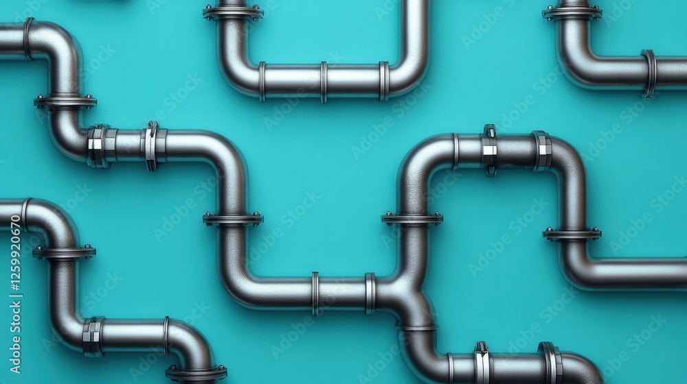 A symmetrical display of silver industrial pipes forming a pattern on a muted teal background A symmetrical display of silver industrial pipes forming a pattern on a muted teal background