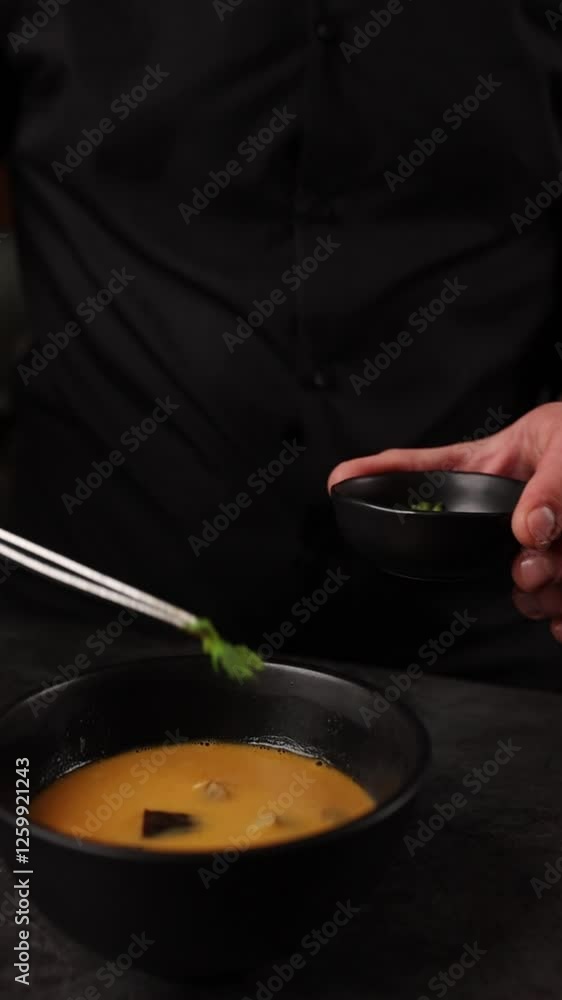 chef prepares delicious Japanese miso soup chef prepares delicious Japanese miso soup