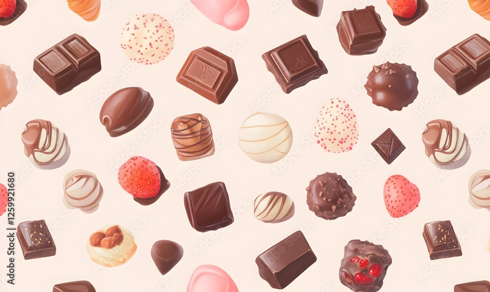 Pattern illustration with various chocolates and desserts freely arranged, Generative AI Pattern illustration with various chocolates and desserts freely arranged, Generative AI
