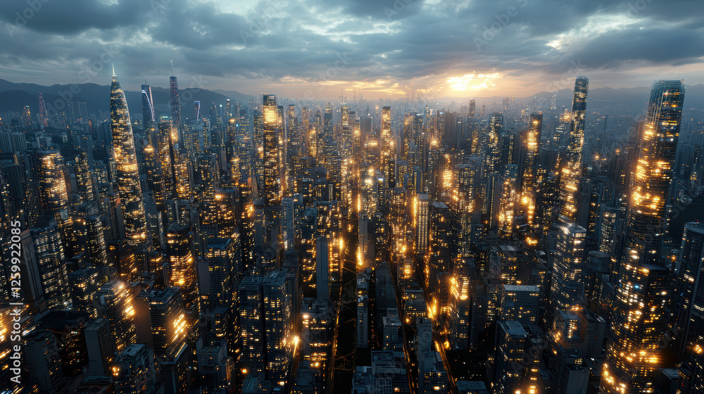 Fototapeta premium futuristic smart city skyline illuminated at dusk, showcasing vibrant lights