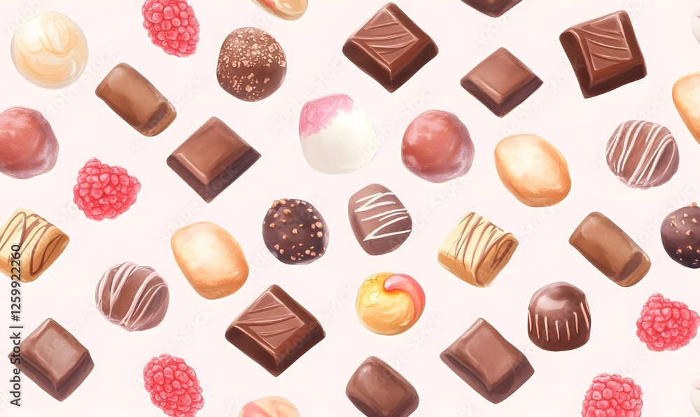 Pattern illustration with various chocolates and desserts freely arranged, Generative AI Pattern illustration with various chocolates and desserts freely arranged, Generative AI