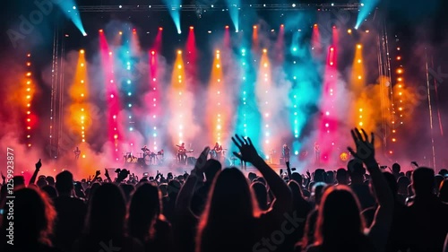 Wallpaper Mural Energetic Concert Atmosphere: A crowd of silhouettes raises their hands in excitement under a vibrant display of stage lights during a music concert. Captured in vivid colors and energetic ambiance. Torontodigital.ca