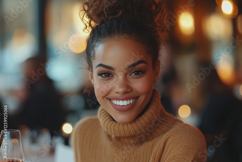 Smiling woman in cozy sweater enjoys a warm atmosphere at a restaurant during an evening gathering with soft lighting