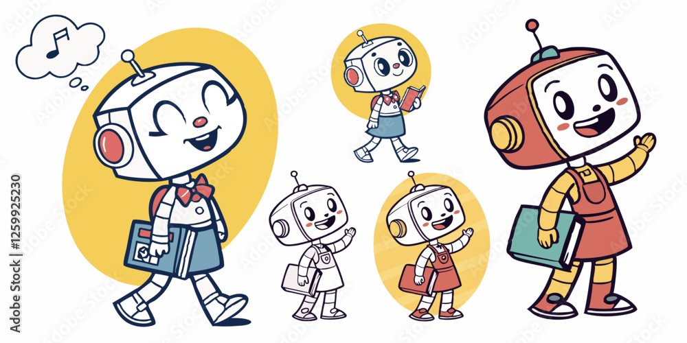 Several icons in the form of friendly robot schoolchildren, girls and boys, goes to school, sings a song, good mood, carries a book Several icons in the form of friendly robot schoolchildren, girls and boys, goes to school, sings a song, good mood, carries a book