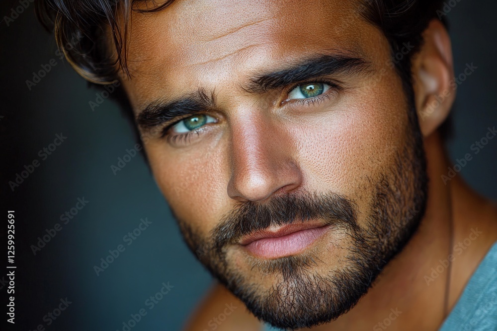 Captivating close-up of a man with striking blue eyes showcasing a rugged look and confident expression Captivating close-up of a man with striking blue eyes showcasing a rugged look and confident expression