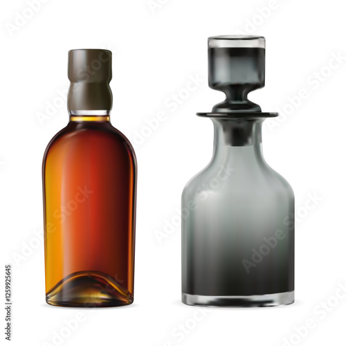 Whiskey bottle with decanter mockup, vector illustration. Luxury bourbon drink amber bottle design. Transparent decanter, crystal container for alcohol beverage, rum, cognac