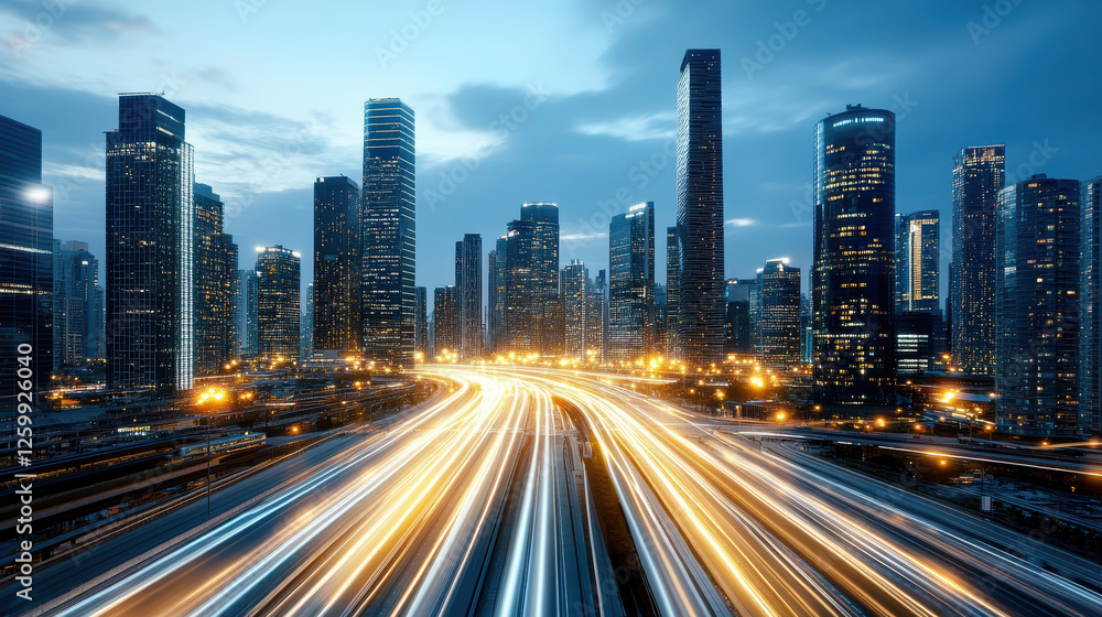 vibrant city skyline at dusk with illuminated skyscrapers and light trails vibrant city skyline at dusk with illuminated skyscrapers and light trails