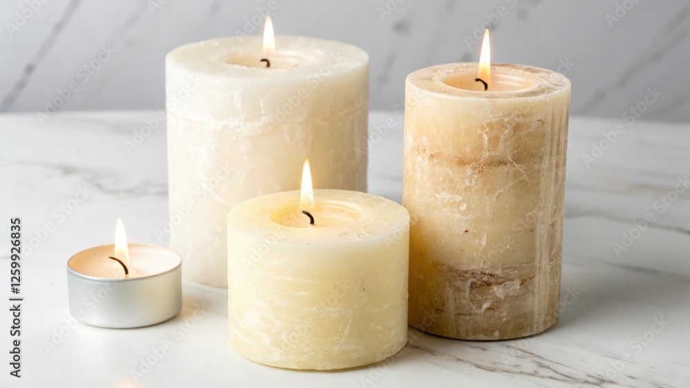 Four Lit Candles on Marble Surface Four Lit Candles on Marble Surface