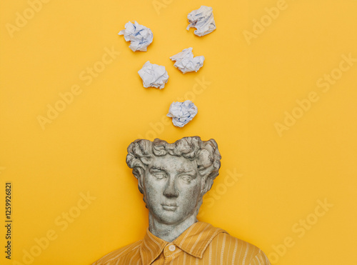 bust statue representing antiquity, with its head replaced by a crumpled sheet of paper, symbolizing the flow of ideas, thoughts, and creativity
