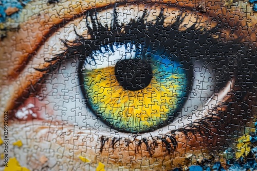 Close-up of a vibrant puzzle piece design featuring a human eye with intricate details and colors against a textured background