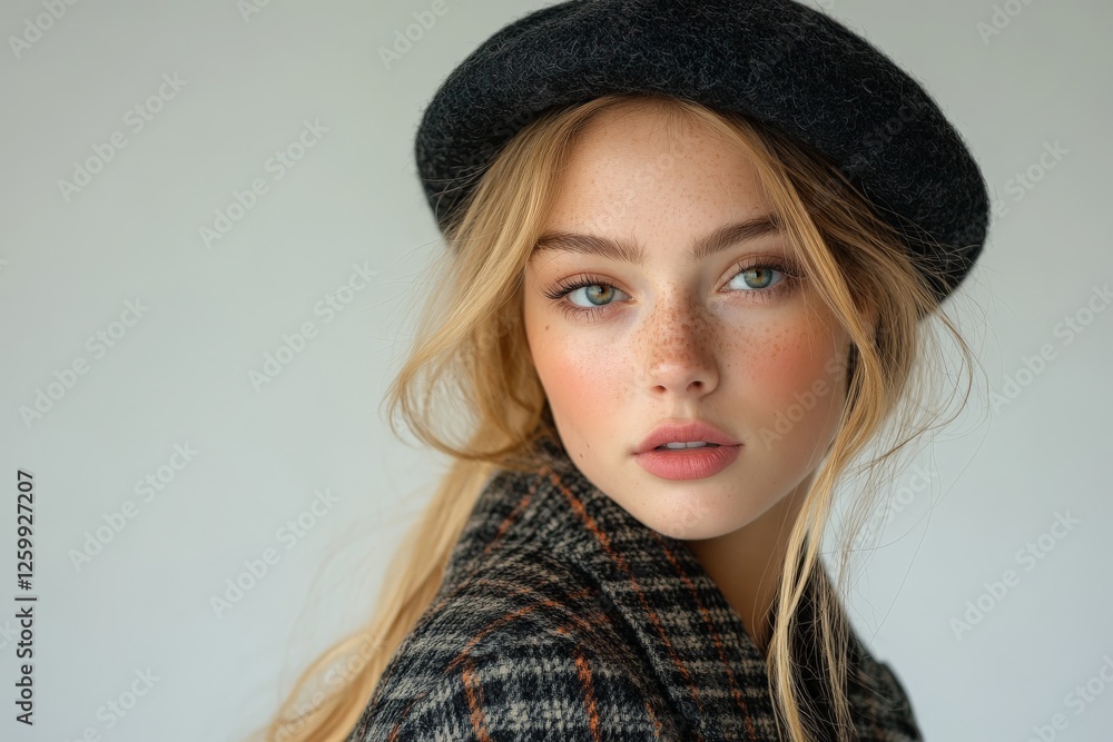 Young woman with light makeup and natural beauty poses in a cozy studio environment wearing a black hat Young woman with light makeup and natural beauty poses in a cozy studio environment wearing a black hat