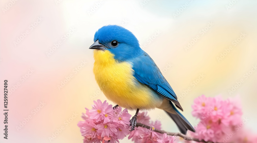 Naklejka premium Blue bird perched on pink flowers, spring, nature
