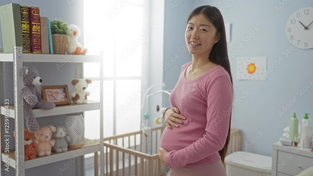 Pregnant woman in pink sweater stands in cozy nursery with toys and crib, smiling gently in warm sunlight. Pregnant woman in pink sweater stands in cozy nursery with toys and crib, smiling gently in warm sunlight.