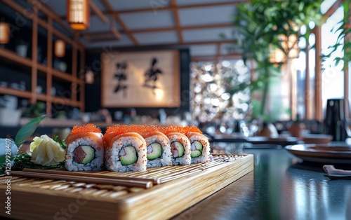 Fresh sushi platter with nigiri and rolls, hovering over a softly blurred Japanese restaurant interior photo