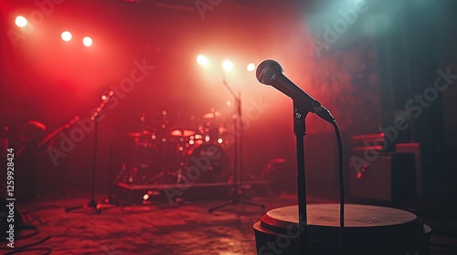 A rock concert podium with a microphone, stage lights, and a band performing energetically
