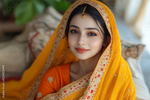 Portrait of a woman in traditional attire with a radiant smile and colorful dupatta at home during daytime photo