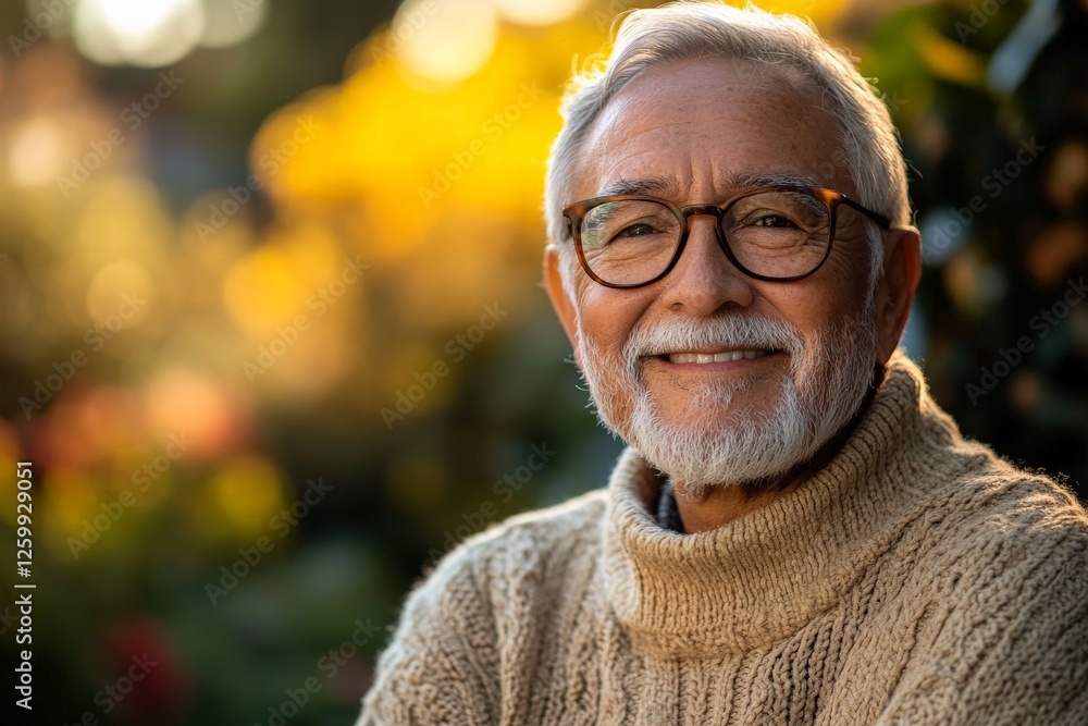 Smiling elderly man with glasses enjoys a sunny day in a colorful garden surrounded by flowers Smiling elderly man with glasses enjoys a sunny day in a colorful garden surrounded by flowers