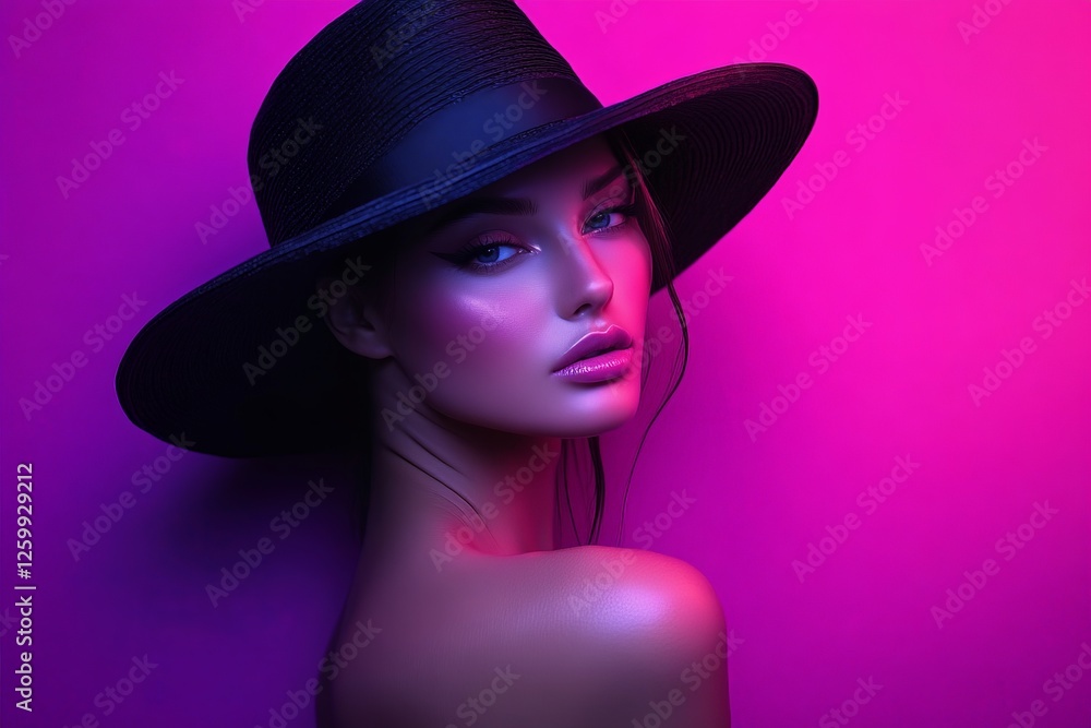 Model poses in a stylish black hat with vibrant purple background during a fashion shoot at night Model poses in a stylish black hat with vibrant purple background during a fashion shoot at night