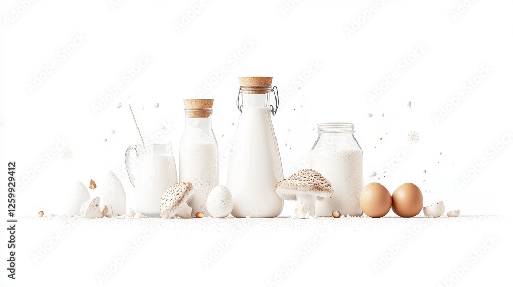 A fresh assortment of baking ingredients including mushrooms, eggs, and milk on a table, ideal for holiday cooking preparations A fresh assortment of baking ingredients including mushrooms, eggs, and milk on a table, ideal for holiday cooking preparations