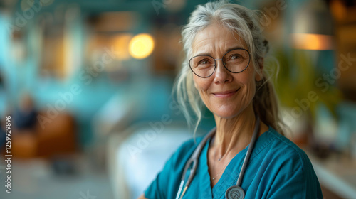Elderly female nurse with silver hair wearing glasses and scrubs smiling warmly in a nursing home setting