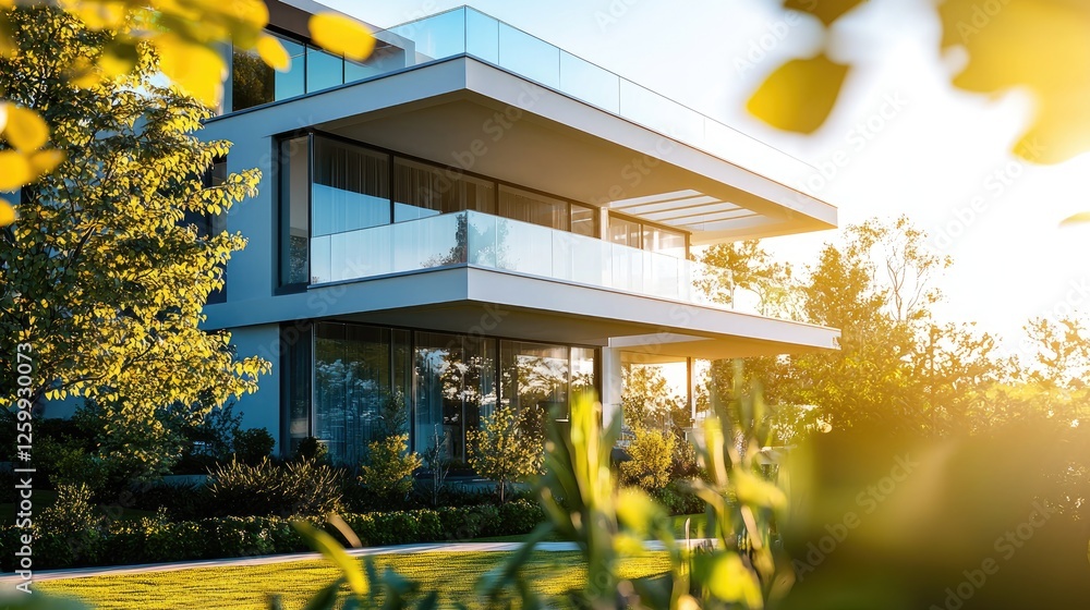 Fototapeta premium Modern Architecture Home in Lush Green Landscape at Golden Hour