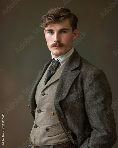 Handsome young gentleman in vintage 1910s attire with tailored suit and elegant mustache
