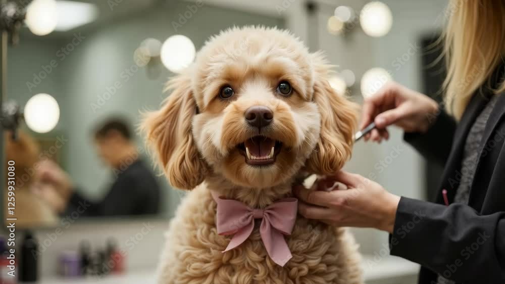 Happy poodle being groomed with care in a salon Happy poodle being groomed with care in a salon