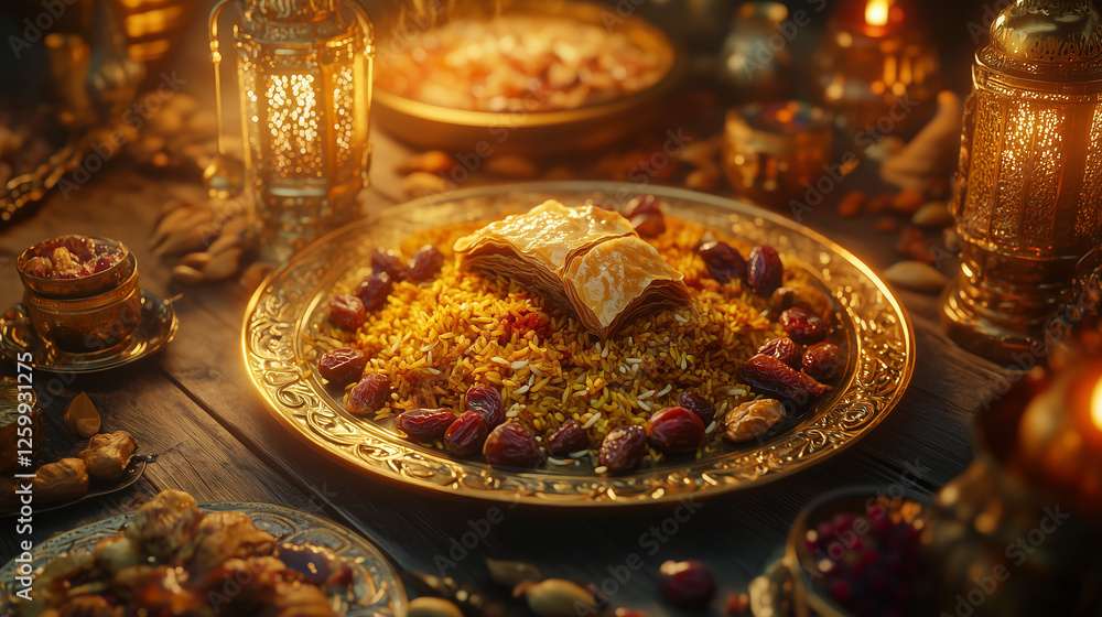 Traditional Arabic Rice Dish with Dates and Nuts in Festive Ambiance Traditional Arabic Rice Dish with Dates and Nuts in Festive Ambiance