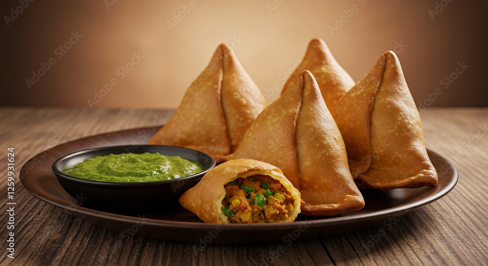 Delicious Samosas with Green Chutney on Wooden Table Background Delicious Samosas with Green Chutney on Wooden Table Background