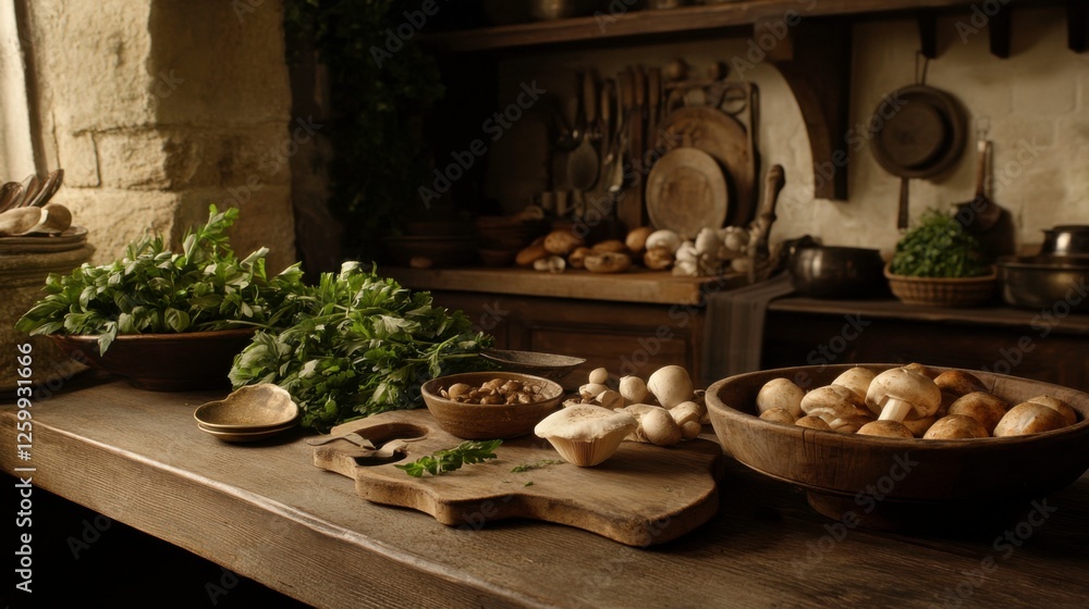 Fototapeta premium Rustic Kitchen Scene with Fresh Herbs and Varieties of Mushrooms