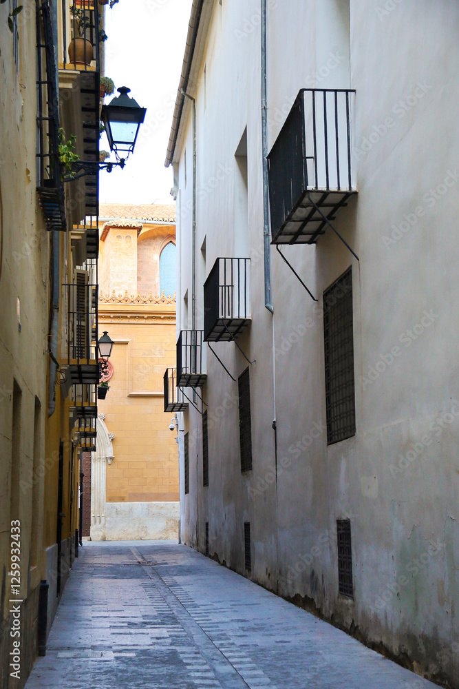 Obraz premium Narrow street with old facades in The Ciutat Vella district of Valencia city