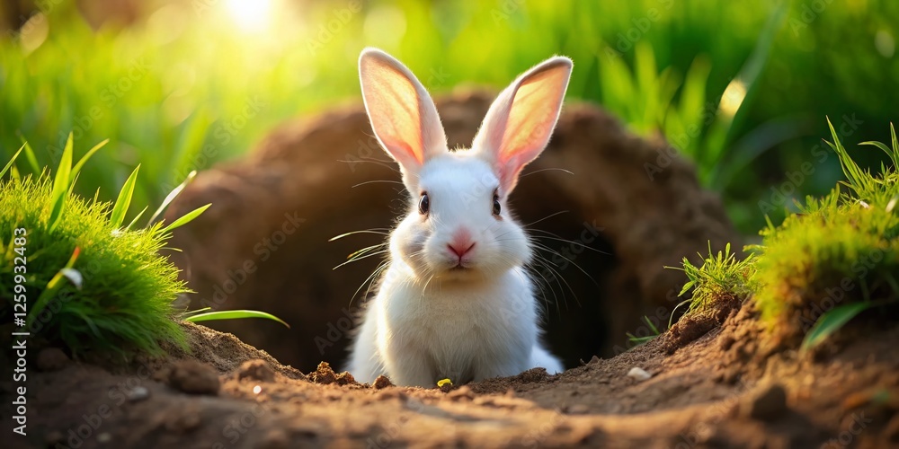 Curious White Rabbit Emerging from Burrow, Bokeh Background Curious White Rabbit Emerging from Burrow, Bokeh Background