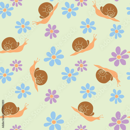 Vector seamless pattern of snails and flowers. Flat style. Flower meadow. Cute texture on theme of nature, spring, summer, children print