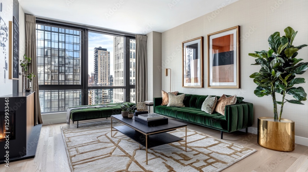 Fototapeta premium Luxury Cityscape Apartment Living Room with Stunning View