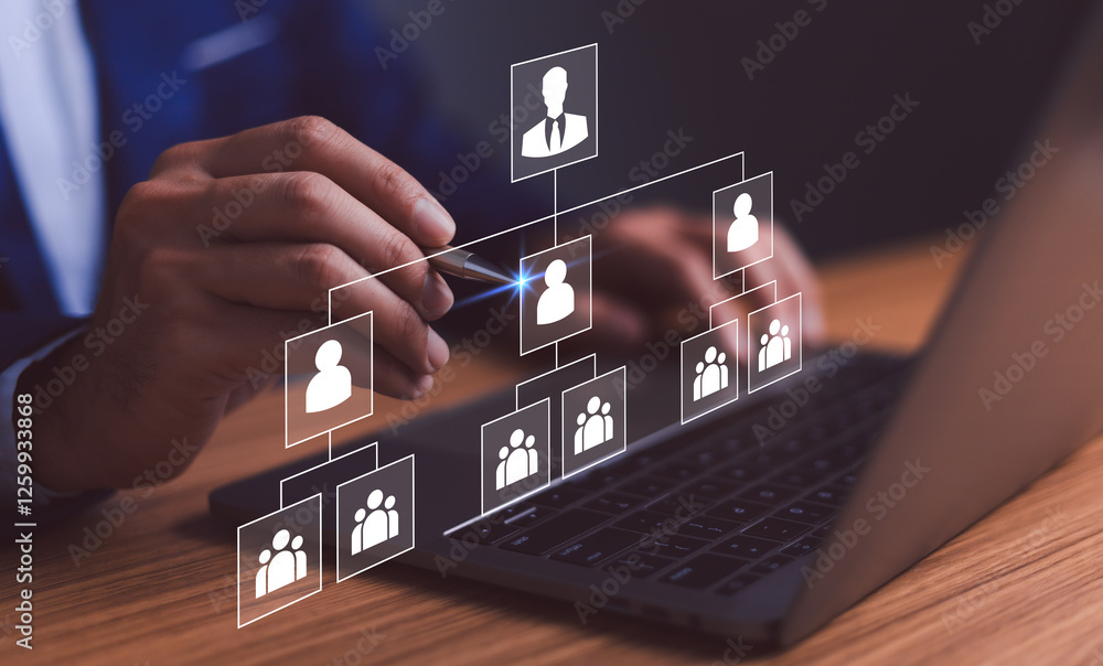 Businessman point a glowing digital organizational chart, leadership and team structure. Manager team management of company, networking in business hierarchy job concept, president job change control