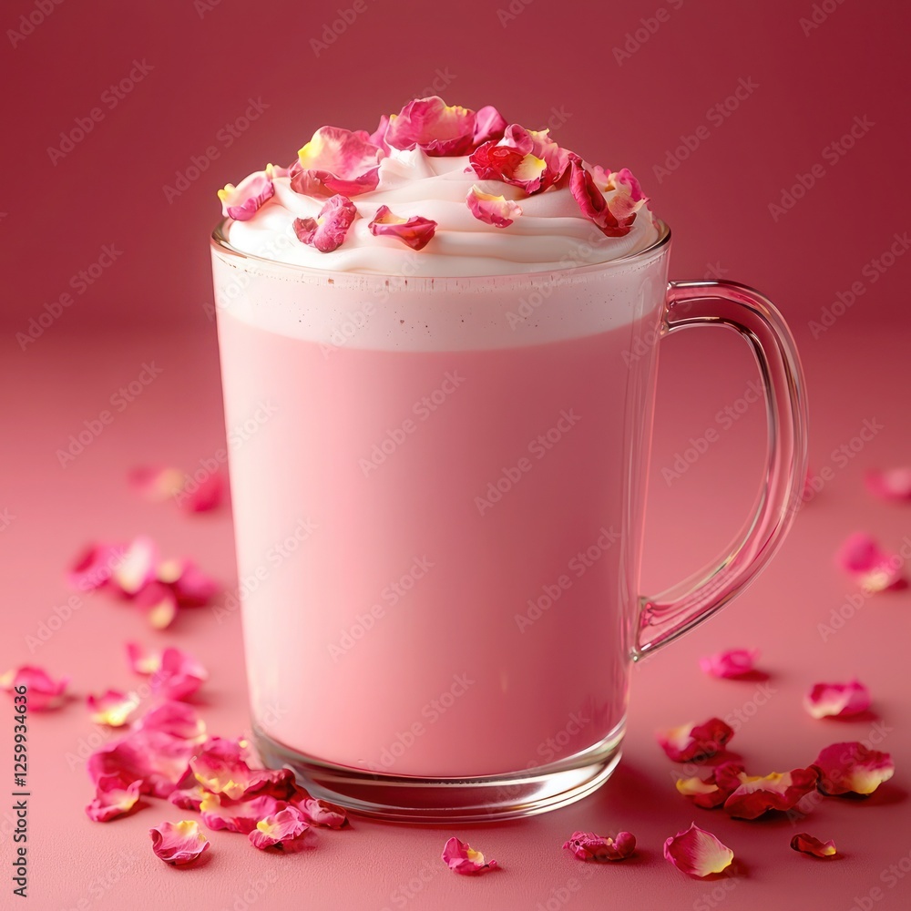 Rose Latte A beautifully pink rose-infused latte topped with steamed milk and edible rose petals Rose Latte A beautifully pink rose-infused latte topped with steamed milk and edible rose petals