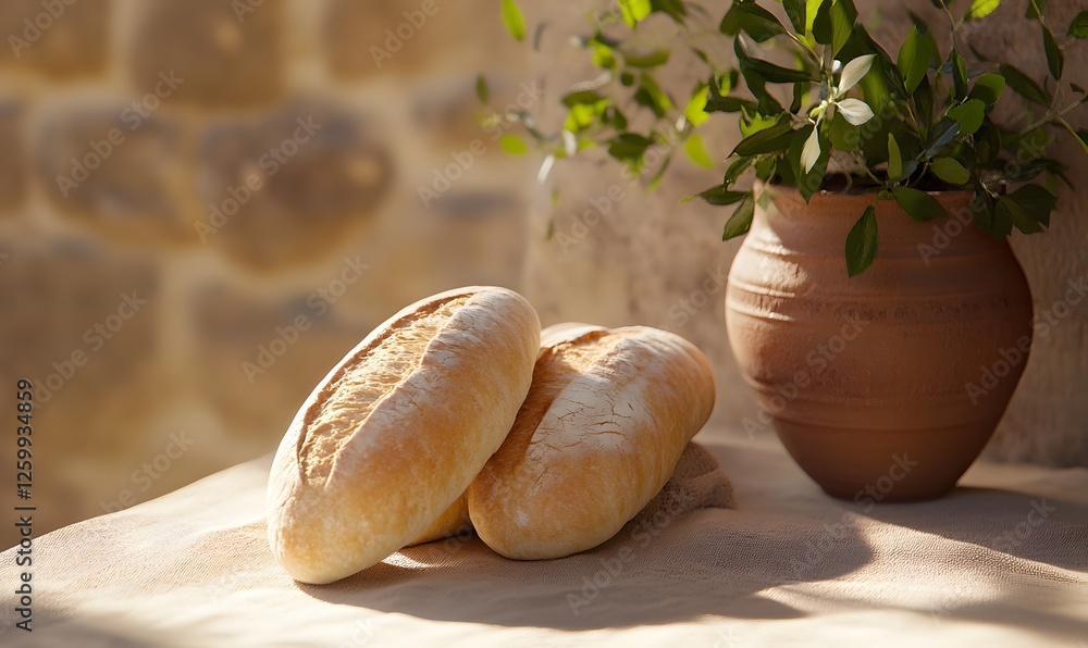 a table with bread in a setting from biblical times, Generative AI a table with bread in a setting from biblical times, Generative AI