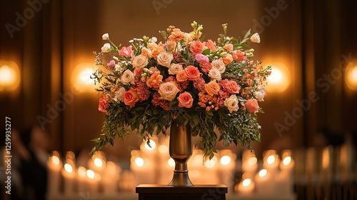 A charity gala podium with candles and floral arrangements, elegant setting, speaker addressing guests