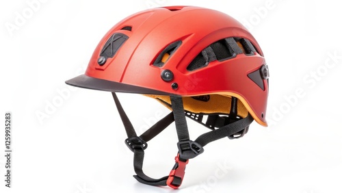 Red Safety Helmet with Chin Strap and Visor photo